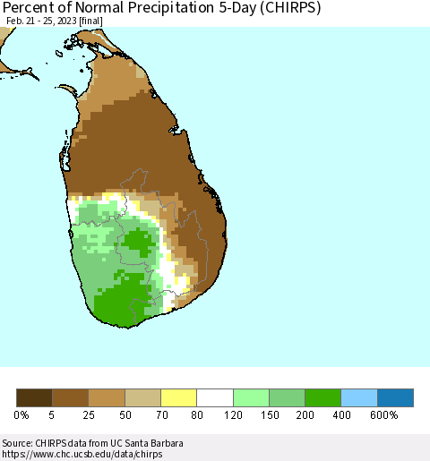 Sri Lanka Percent of Normal Precipitation 5-Day (CHIRPS) Thematic Map For 2/21/2023 - 2/25/2023