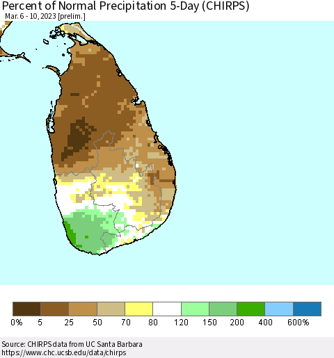 Sri Lanka Percent of Normal Precipitation 5-Day (CHIRPS) Thematic Map For 3/6/2023 - 3/10/2023