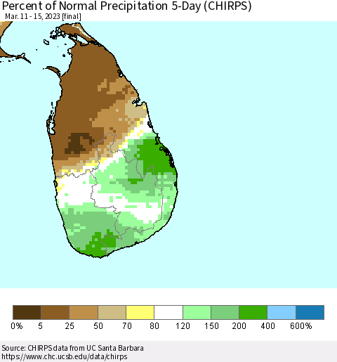Sri Lanka Percent of Normal Precipitation 5-Day (CHIRPS) Thematic Map For 3/11/2023 - 3/15/2023