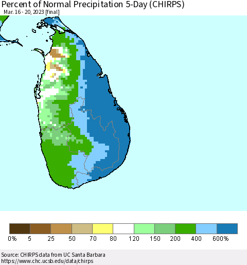 Sri Lanka Percent of Normal Precipitation 5-Day (CHIRPS) Thematic Map For 3/16/2023 - 3/20/2023