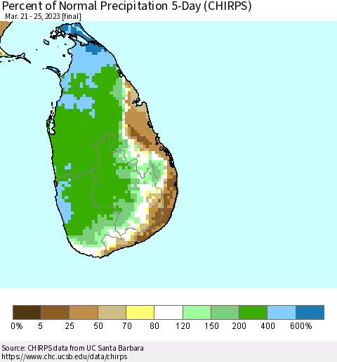 Sri Lanka Percent of Normal Precipitation 5-Day (CHIRPS) Thematic Map For 3/21/2023 - 3/25/2023