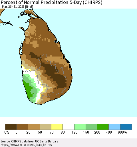 Sri Lanka Percent of Normal Precipitation 5-Day (CHIRPS) Thematic Map For 3/26/2023 - 3/31/2023