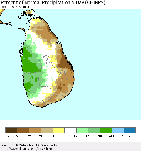 Sri Lanka Percent of Normal Precipitation 5-Day (CHIRPS) Thematic Map For 4/1/2023 - 4/5/2023