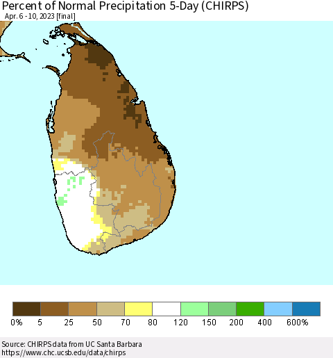 Sri Lanka Percent of Normal Precipitation 5-Day (CHIRPS) Thematic Map For 4/6/2023 - 4/10/2023