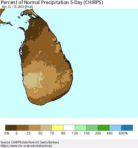 Sri Lanka Percent of Normal Precipitation 5-Day (CHIRPS) Thematic Map For 4/11/2023 - 4/15/2023