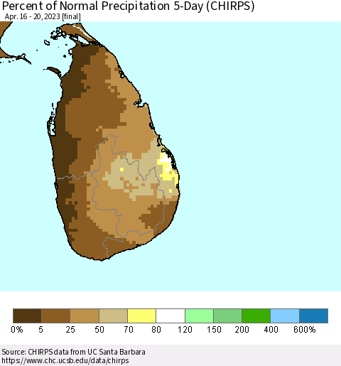 Sri Lanka Percent of Normal Precipitation 5-Day (CHIRPS) Thematic Map For 4/16/2023 - 4/20/2023