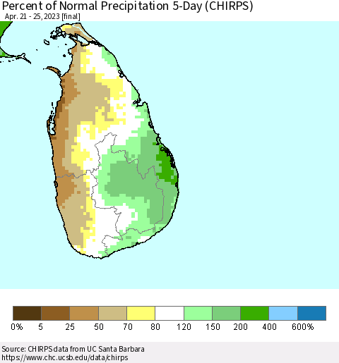 Sri Lanka Percent of Normal Precipitation 5-Day (CHIRPS) Thematic Map For 4/21/2023 - 4/25/2023