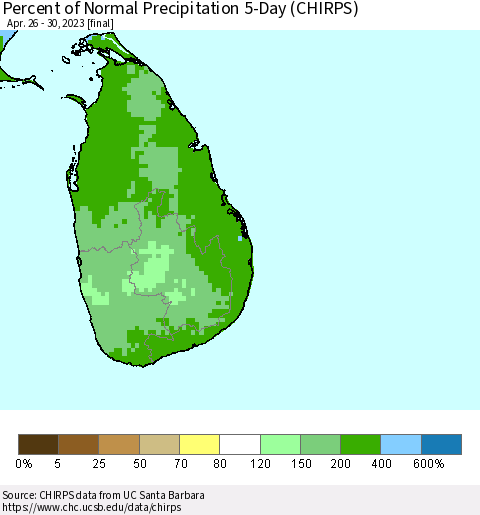 Sri Lanka Percent of Normal Precipitation 5-Day (CHIRPS) Thematic Map For 4/26/2023 - 4/30/2023