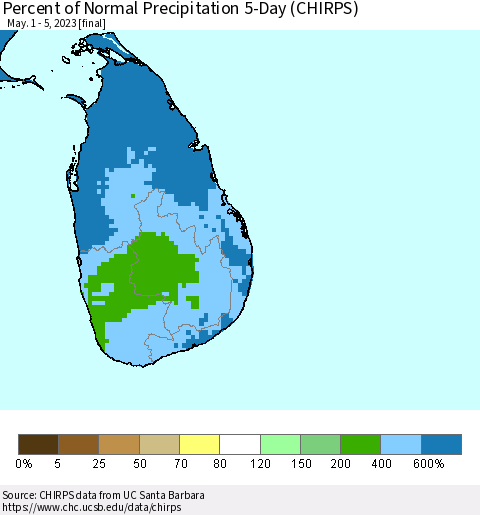 Sri Lanka Percent of Normal Precipitation 5-Day (CHIRPS) Thematic Map For 5/1/2023 - 5/5/2023