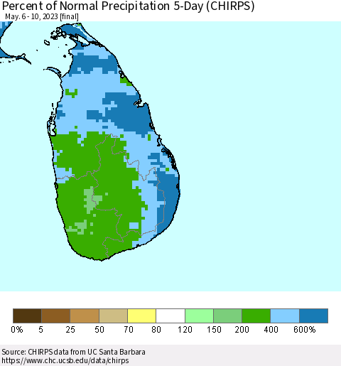 Sri Lanka Percent of Normal Precipitation 5-Day (CHIRPS) Thematic Map For 5/6/2023 - 5/10/2023