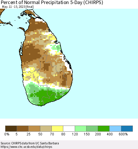 Sri Lanka Percent of Normal Precipitation 5-Day (CHIRPS) Thematic Map For 5/11/2023 - 5/15/2023