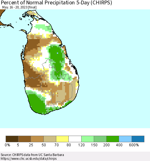 Sri Lanka Percent of Normal Precipitation 5-Day (CHIRPS) Thematic Map For 5/16/2023 - 5/20/2023