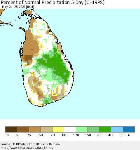 Sri Lanka Percent of Normal Precipitation 5-Day (CHIRPS) Thematic Map For 5/21/2023 - 5/25/2023