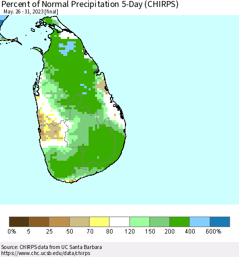 Sri Lanka Percent of Normal Precipitation 5-Day (CHIRPS) Thematic Map For 5/26/2023 - 5/31/2023