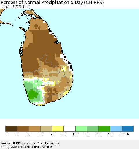 Sri Lanka Percent of Normal Precipitation 5-Day (CHIRPS) Thematic Map For 6/1/2023 - 6/5/2023