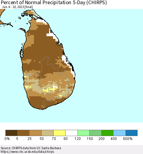 Sri Lanka Percent of Normal Precipitation 5-Day (CHIRPS) Thematic Map For 6/6/2023 - 6/10/2023