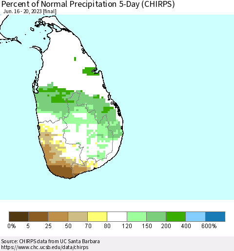 Sri Lanka Percent of Normal Precipitation 5-Day (CHIRPS) Thematic Map For 6/16/2023 - 6/20/2023
