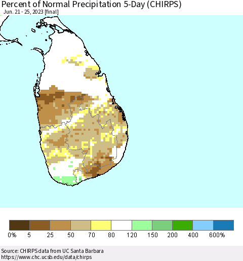 Sri Lanka Percent of Normal Precipitation 5-Day (CHIRPS) Thematic Map For 6/21/2023 - 6/25/2023