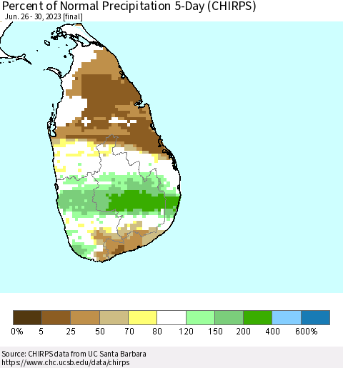 Sri Lanka Percent of Normal Precipitation 5-Day (CHIRPS) Thematic Map For 6/26/2023 - 6/30/2023