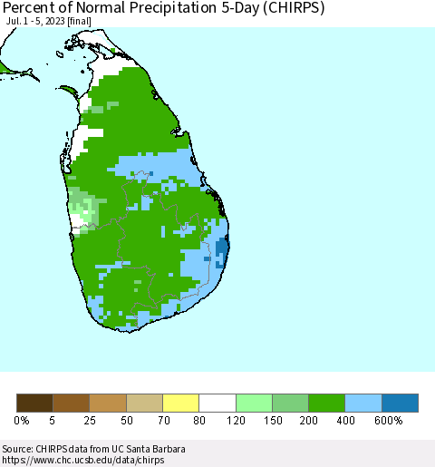 Sri Lanka Percent of Normal Precipitation 5-Day (CHIRPS) Thematic Map For 7/1/2023 - 7/5/2023