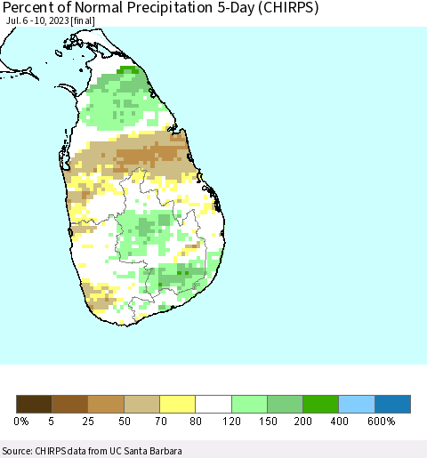 Sri Lanka Percent of Normal Precipitation 5-Day (CHIRPS) Thematic Map For 7/6/2023 - 7/10/2023