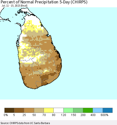 Sri Lanka Percent of Normal Precipitation 5-Day (CHIRPS) Thematic Map For 7/11/2023 - 7/15/2023