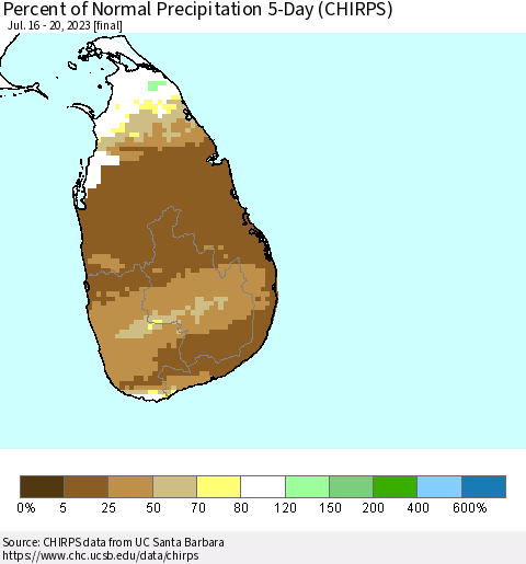 Sri Lanka Percent of Normal Precipitation 5-Day (CHIRPS) Thematic Map For 7/16/2023 - 7/20/2023