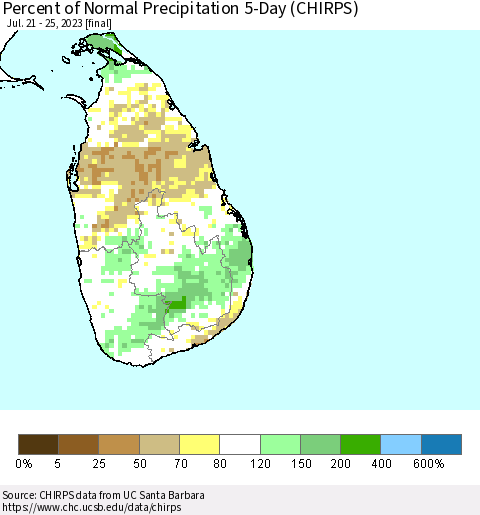 Sri Lanka Percent of Normal Precipitation 5-Day (CHIRPS) Thematic Map For 7/21/2023 - 7/25/2023
