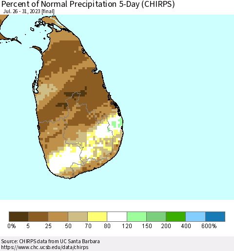 Sri Lanka Percent of Normal Precipitation 5-Day (CHIRPS) Thematic Map For 7/26/2023 - 7/31/2023