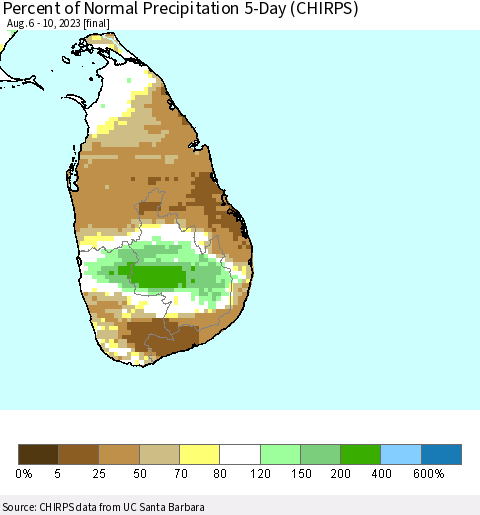 Sri Lanka Percent of Normal Precipitation 5-Day (CHIRPS) Thematic Map For 8/6/2023 - 8/10/2023