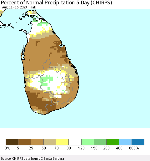 Sri Lanka Percent of Normal Precipitation 5-Day (CHIRPS) Thematic Map For 8/11/2023 - 8/15/2023