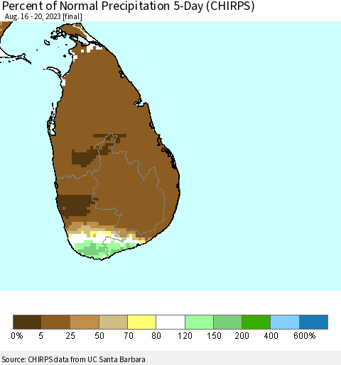 Sri Lanka Percent of Normal Precipitation 5-Day (CHIRPS) Thematic Map For 8/16/2023 - 8/20/2023