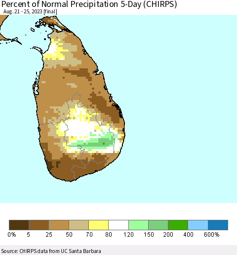Sri Lanka Percent of Normal Precipitation 5-Day (CHIRPS) Thematic Map For 8/21/2023 - 8/25/2023