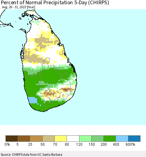 Sri Lanka Percent of Normal Precipitation 5-Day (CHIRPS) Thematic Map For 8/26/2023 - 8/31/2023