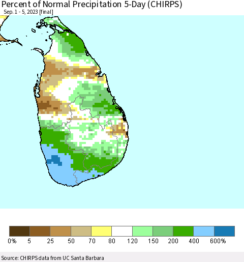 Sri Lanka Percent of Normal Precipitation 5-Day (CHIRPS) Thematic Map For 9/1/2023 - 9/5/2023
