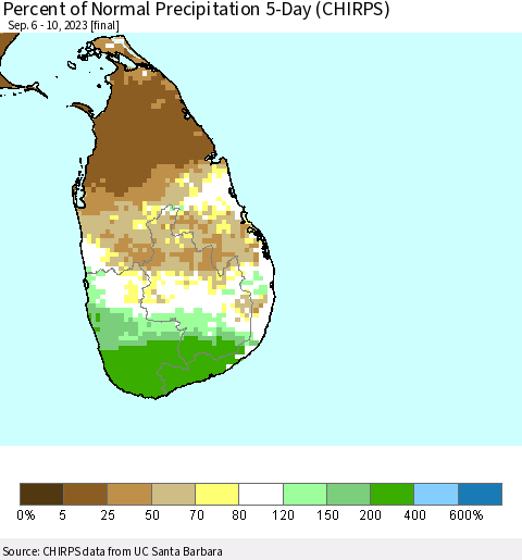 Sri Lanka Percent of Normal Precipitation 5-Day (CHIRPS) Thematic Map For 9/6/2023 - 9/10/2023