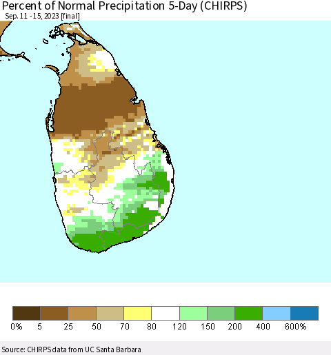 Sri Lanka Percent of Normal Precipitation 5-Day (CHIRPS) Thematic Map For 9/11/2023 - 9/15/2023