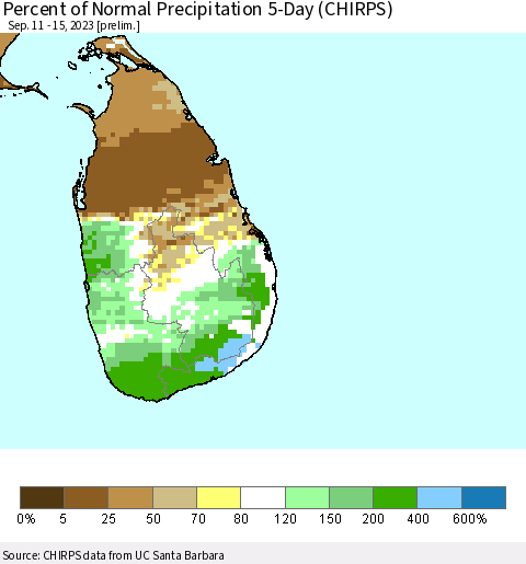 Sri Lanka Percent of Normal Precipitation 5-Day (CHIRPS) Thematic Map For 9/11/2023 - 9/15/2023