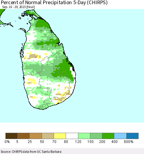 Sri Lanka Percent of Normal Precipitation 5-Day (CHIRPS) Thematic Map For 9/16/2023 - 9/20/2023