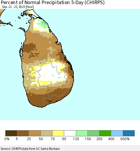 Sri Lanka Percent of Normal Precipitation 5-Day (CHIRPS) Thematic Map For 9/21/2023 - 9/25/2023