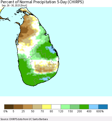 Sri Lanka Percent of Normal Precipitation 5-Day (CHIRPS) Thematic Map For 9/26/2023 - 9/30/2023