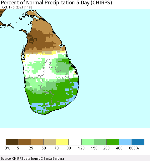 Sri Lanka Percent of Normal Precipitation 5-Day (CHIRPS) Thematic Map For 10/1/2023 - 10/5/2023