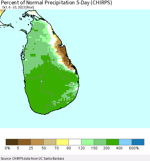 Sri Lanka Percent of Normal Precipitation 5-Day (CHIRPS) Thematic Map For 10/6/2023 - 10/10/2023