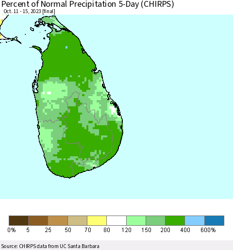 Sri Lanka Percent of Normal Precipitation 5-Day (CHIRPS) Thematic Map For 10/11/2023 - 10/15/2023