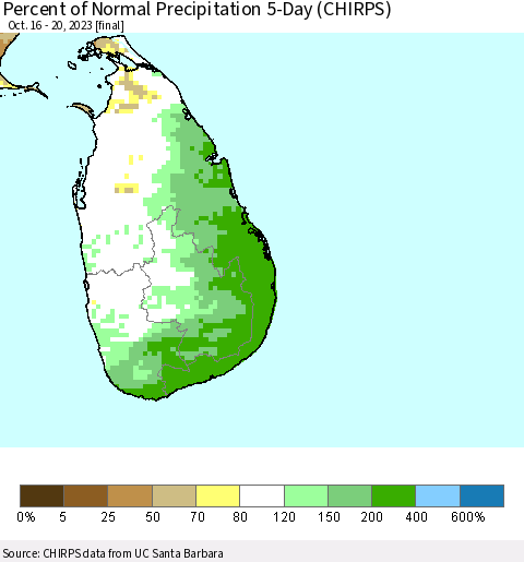 Sri Lanka Percent of Normal Precipitation 5-Day (CHIRPS) Thematic Map For 10/16/2023 - 10/20/2023