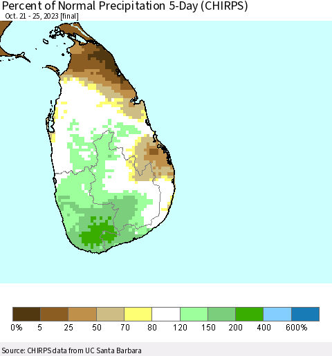 Sri Lanka Percent of Normal Precipitation 5-Day (CHIRPS) Thematic Map For 10/21/2023 - 10/25/2023