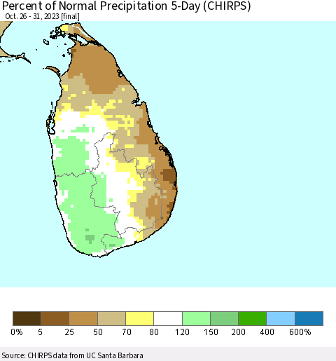Sri Lanka Percent of Normal Precipitation 5-Day (CHIRPS) Thematic Map For 10/26/2023 - 10/31/2023