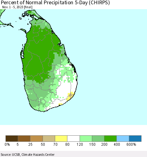 Sri Lanka Percent of Normal Precipitation 5-Day (CHIRPS) Thematic Map For 11/1/2023 - 11/5/2023