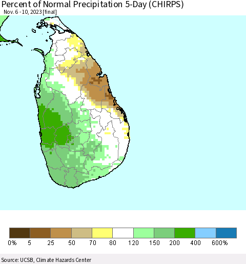 Sri Lanka Percent of Normal Precipitation 5-Day (CHIRPS) Thematic Map For 11/6/2023 - 11/10/2023