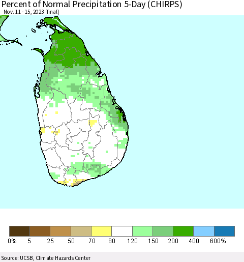 Sri Lanka Percent of Normal Precipitation 5-Day (CHIRPS) Thematic Map For 11/11/2023 - 11/15/2023